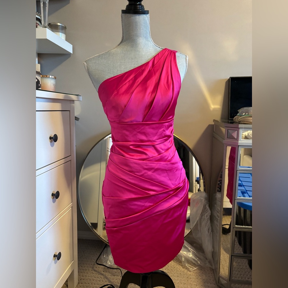 David's Bridal Pink Asymmetrical Ruched Cocktail Dress